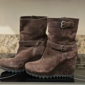 PRADA Double Buckle Suede Wedge Boot.38.5